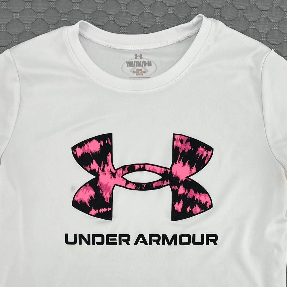 Under Armour Girls Loose Fit Shirt - Size YM 10-12 For Kids White Pink Camo Logo